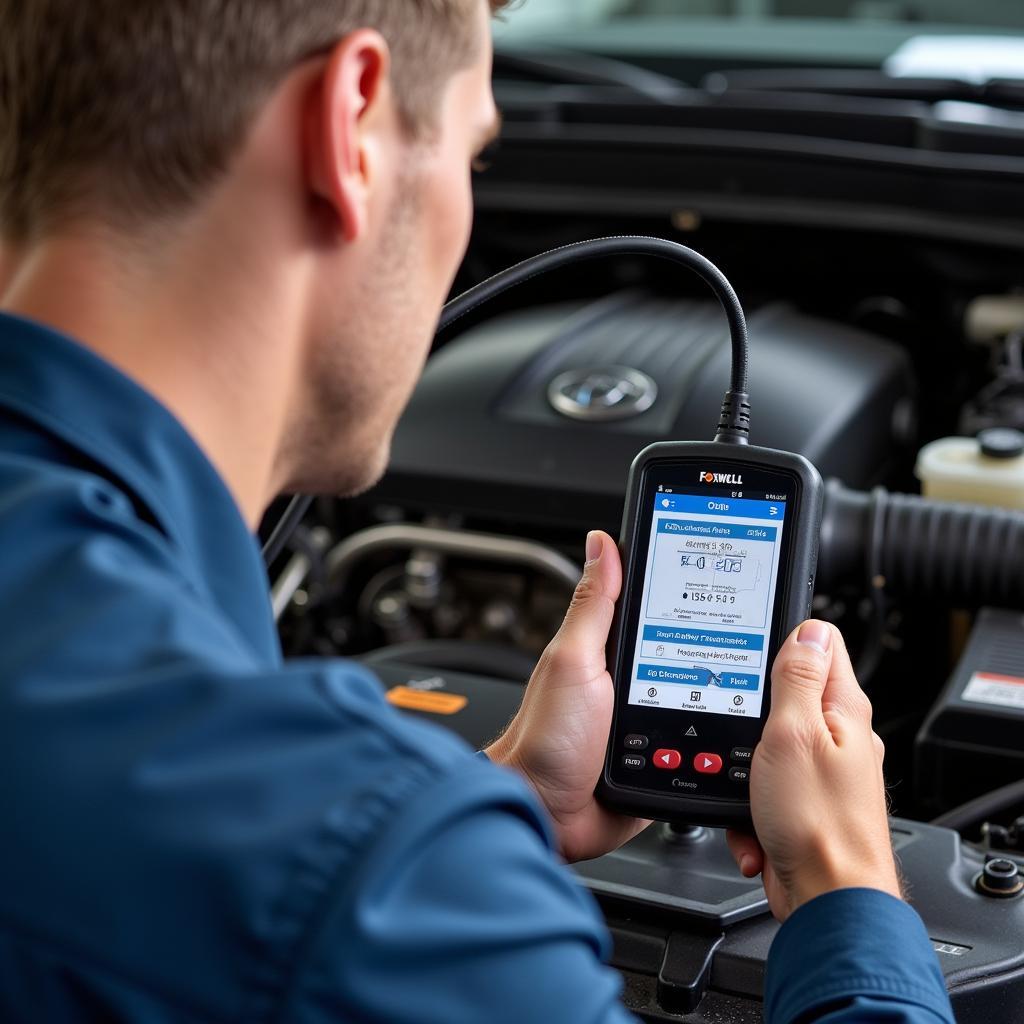 Mechanic Using Foxwell Scanner to Diagnose Car