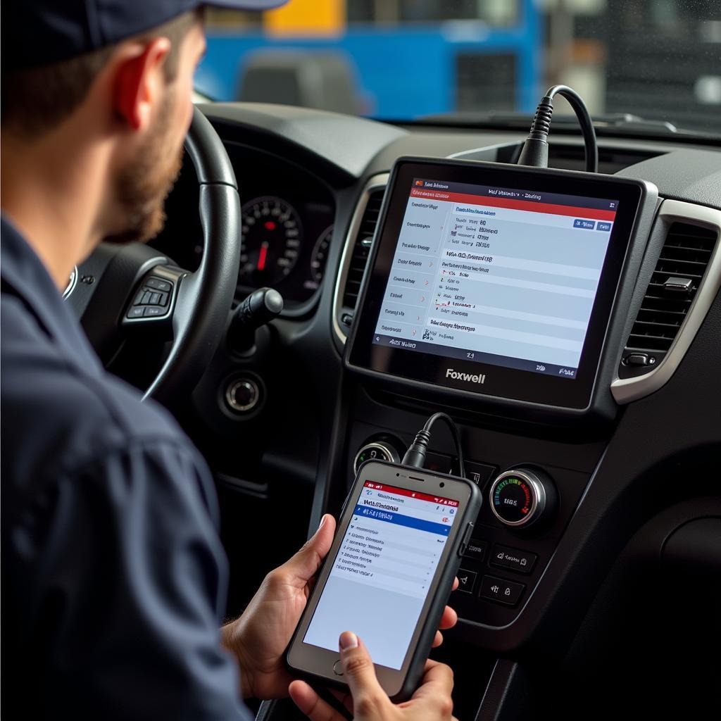 Mechanic using Foxwell scanner for ECU coding