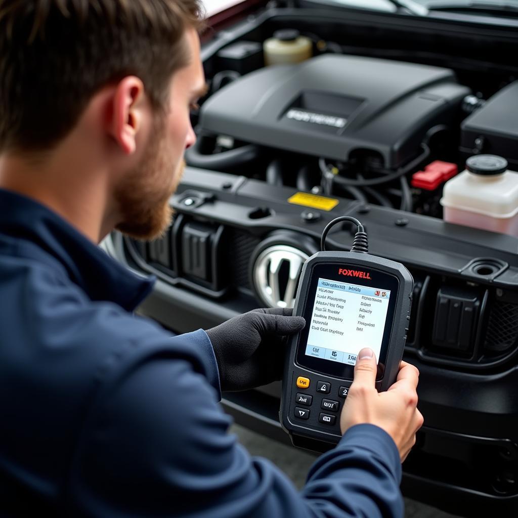 Mechanic Using Foxwell Scanner for Fuel Filter Reset