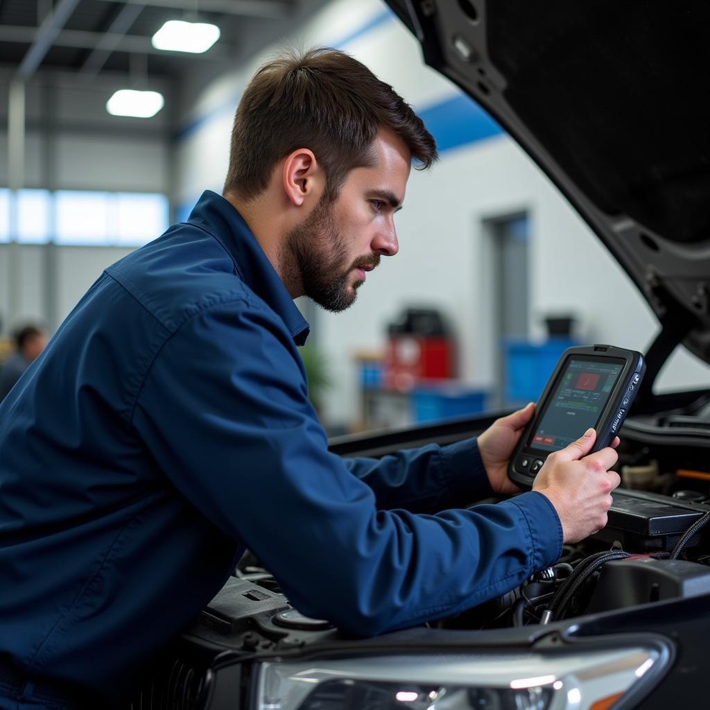 Mechanic Using a Foxwell Scanner for Car Diagnostics