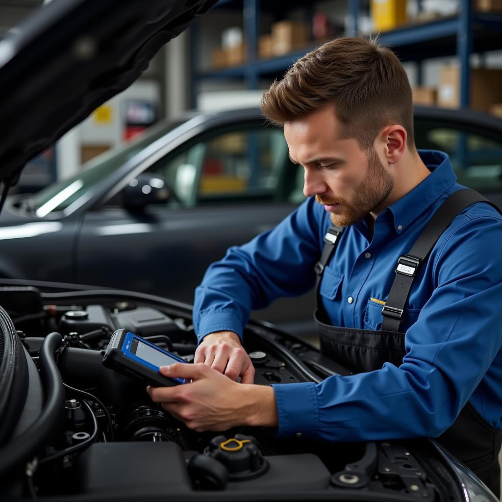 Mechanic using Foxwell scanner in a workshop