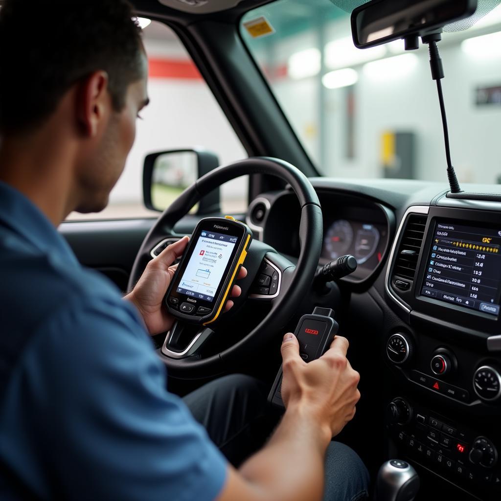 Mechanic Using Foxwell Scanner on Jeep Dashboard