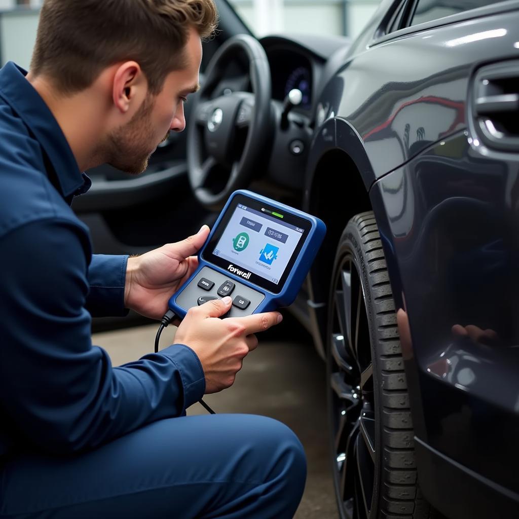 Mechanic performs car diagnostics using a Foxwell scanner