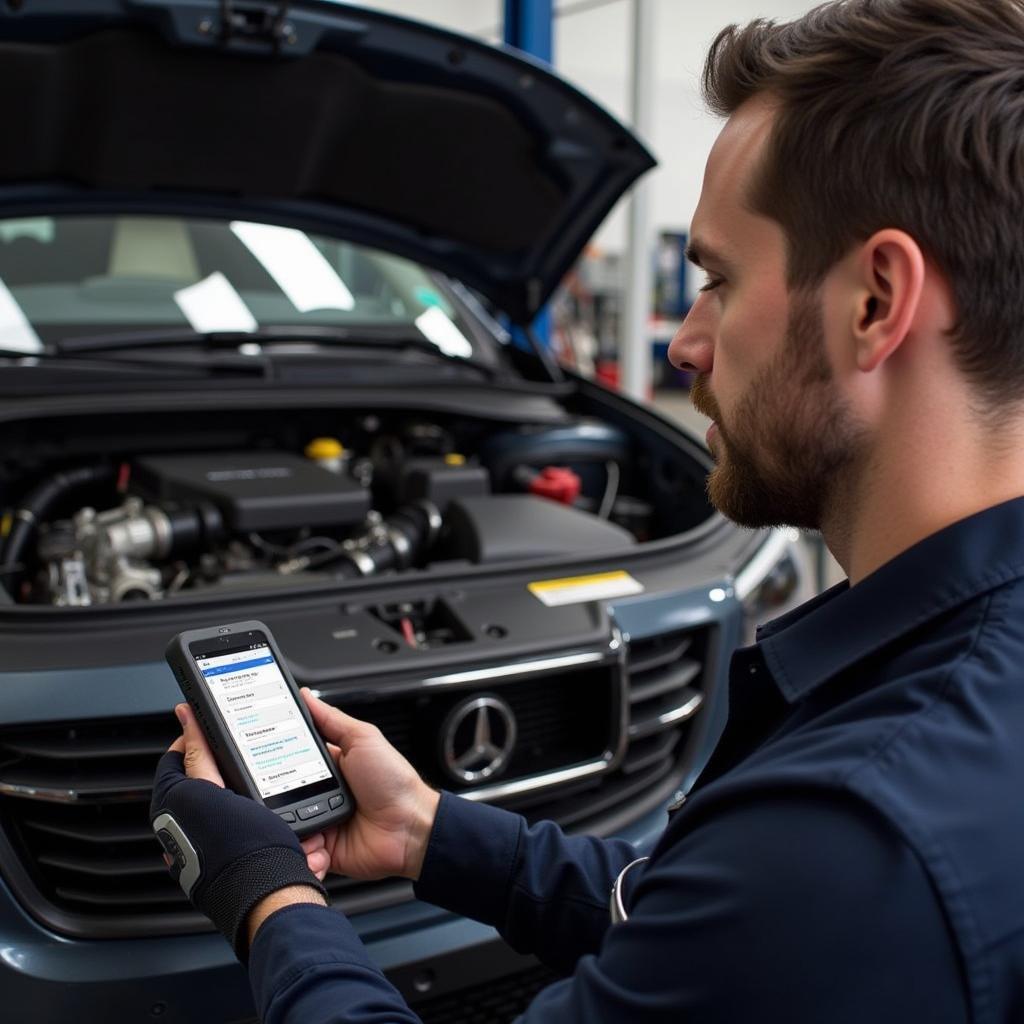 Mechanic Diagnosing Car with Foxwell Scanner