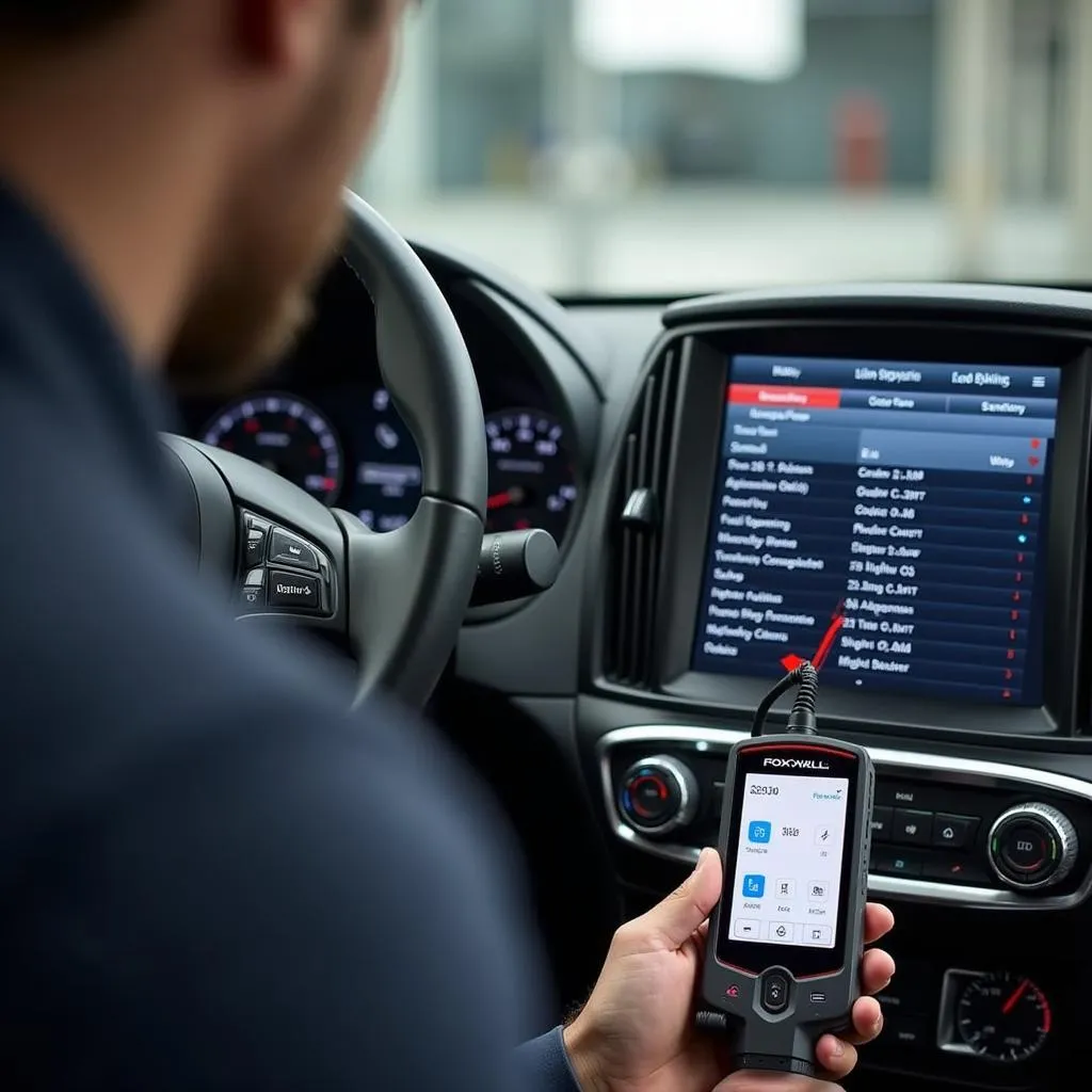 Mechanic Using Foxwell Scanner on Infiniti Q50