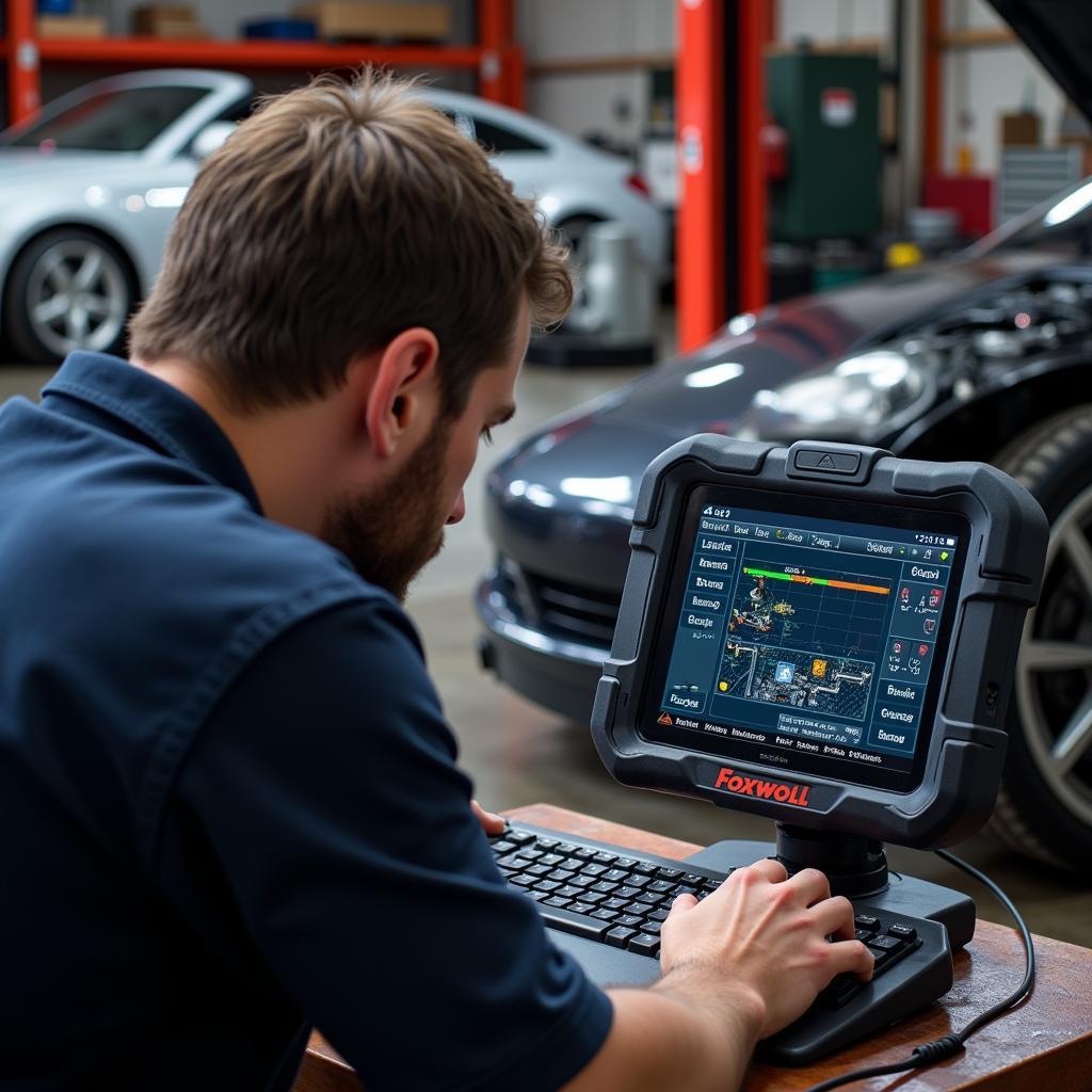 Mechanic using a Foxwell scanner to diagnose a 997.2 engine issue