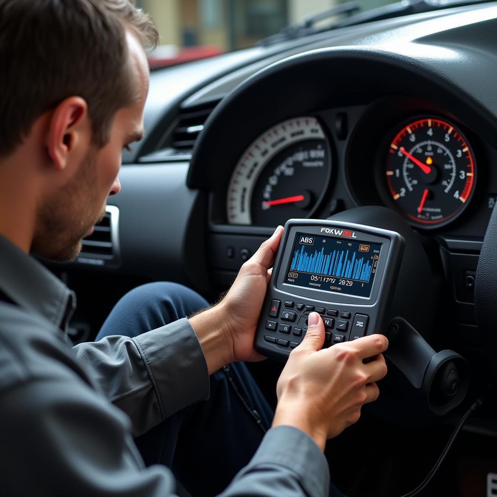 Mechanic Using Foxwell Scanner to Check ABS System