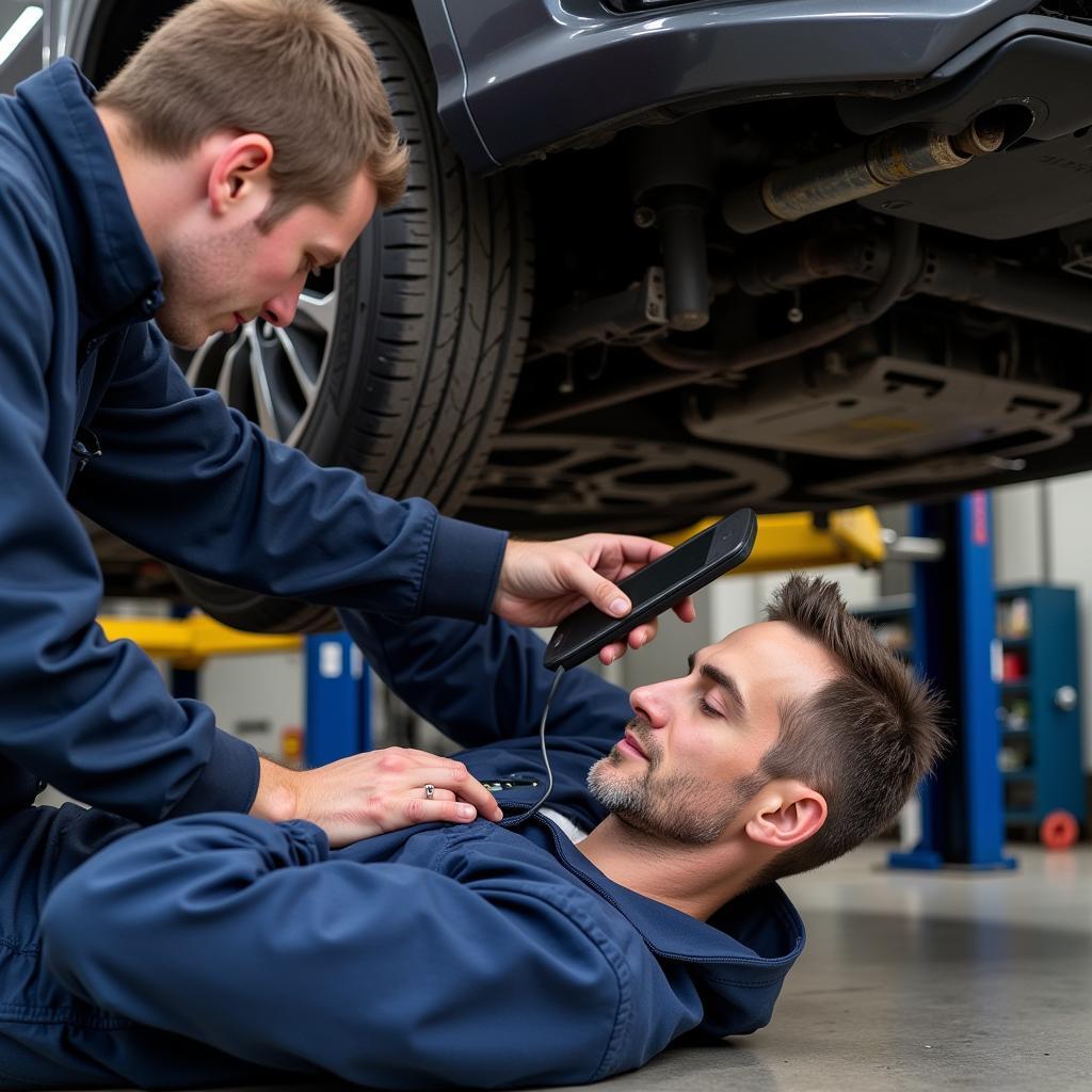 Mechanic Using Foxwell Scanner Underneath Vehicle