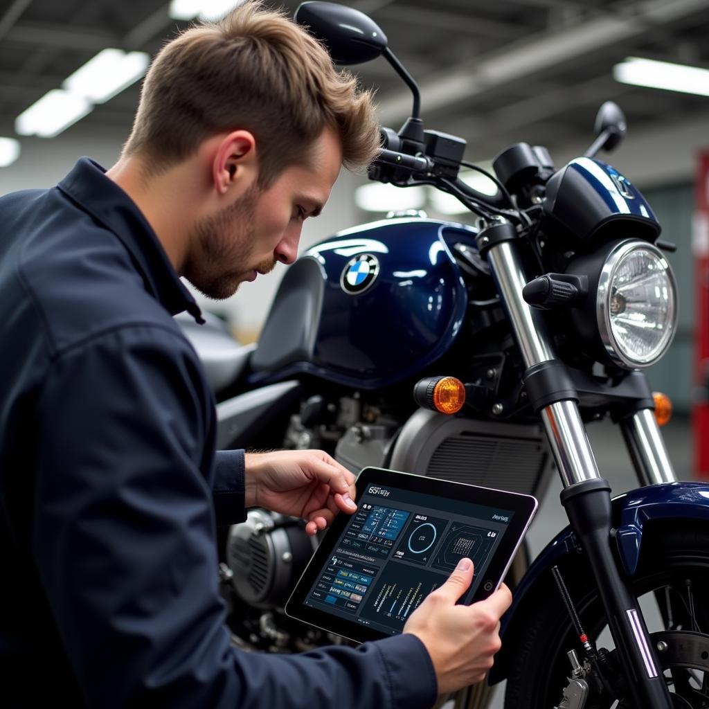 Mechanic Diagnosing a BMW Motorcycle with the GS911 WiFi Tool