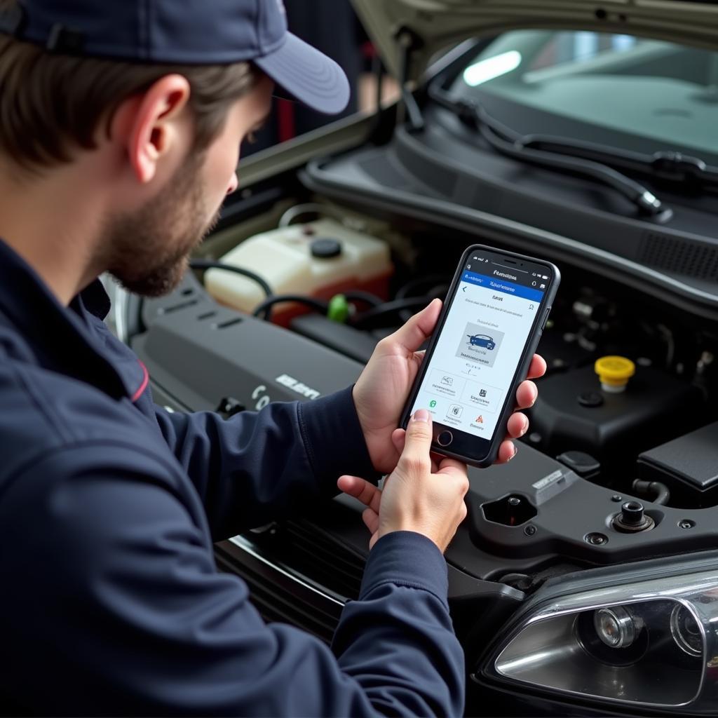 Mechanic Diagnosing Car with iPhone 6