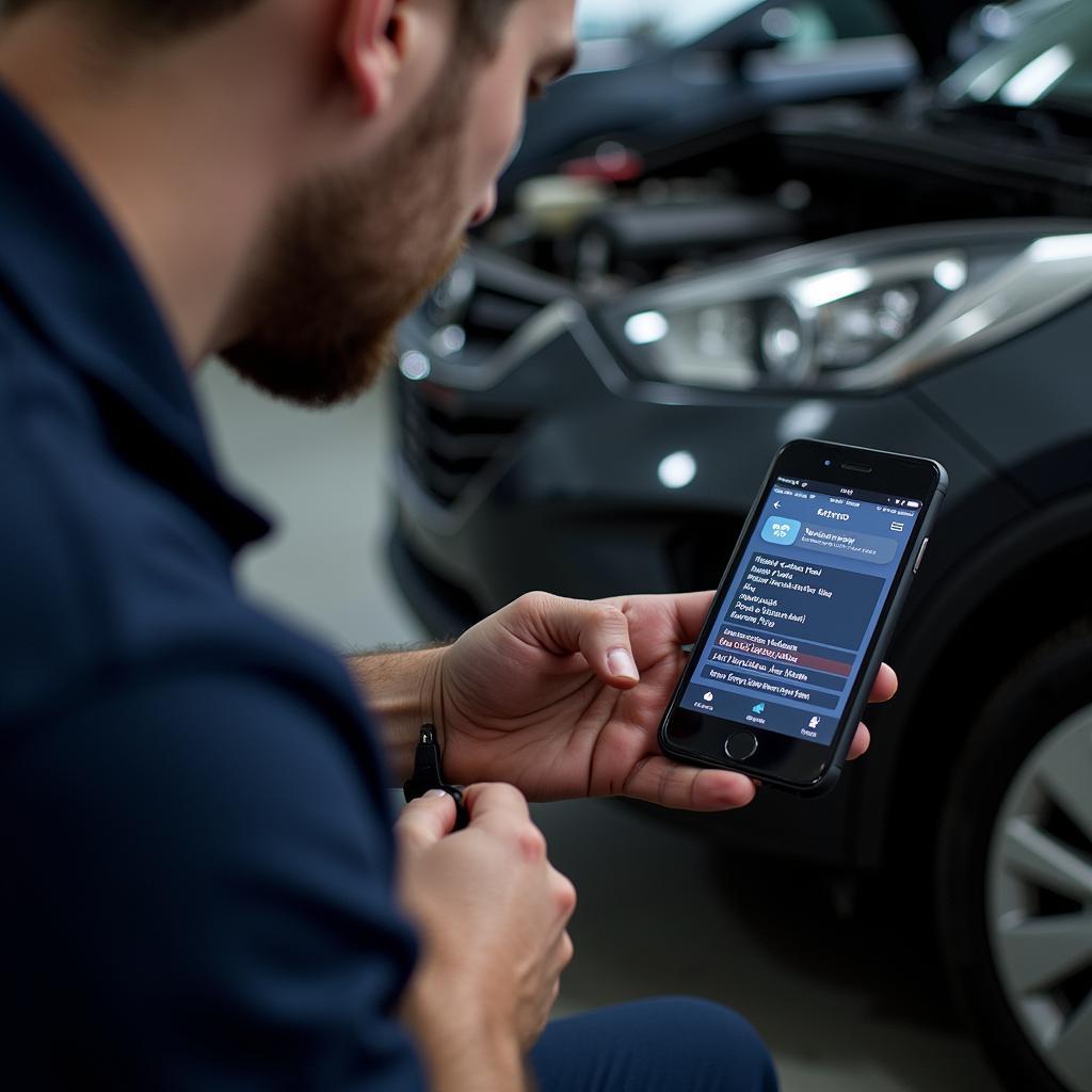 Mechanic Using iPhone Diagnostic Tool