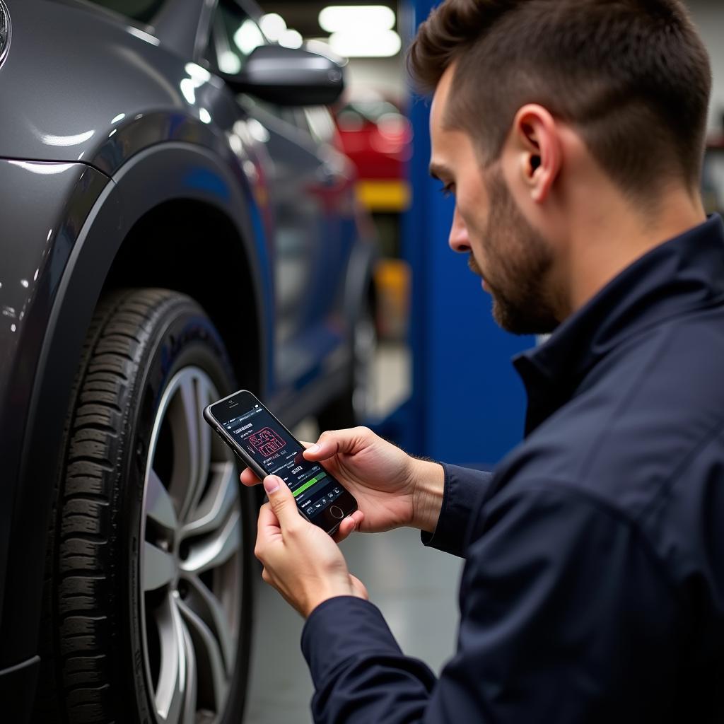 Mechanic Using iPhone Diagnostic Tool to Diagnose Car Issue