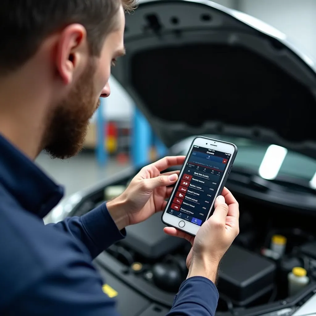 Mechanic Diagnosing Car with iPhone Scan Tool