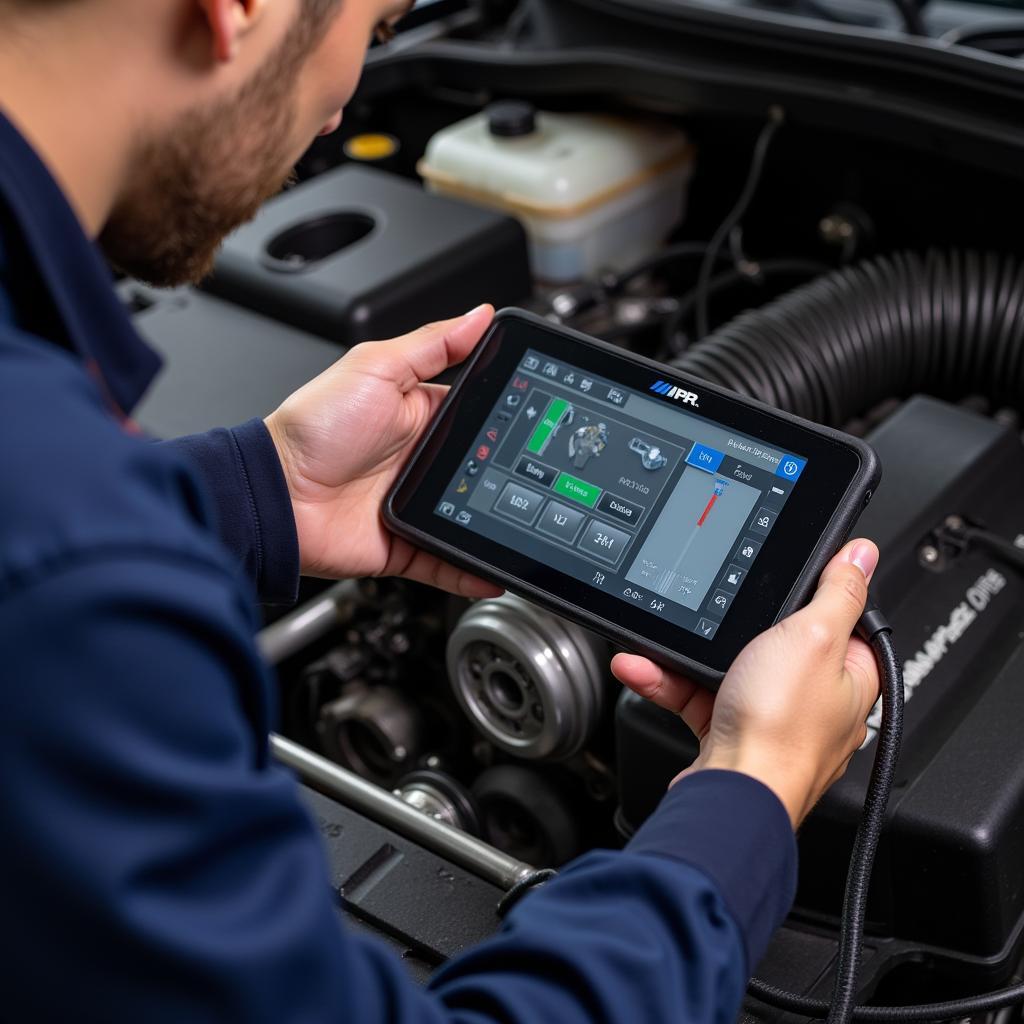 Mechanic diagnosing an engine with an IPR scan tool