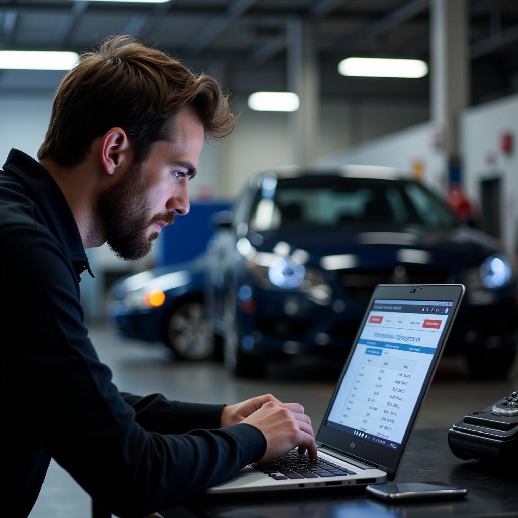 Mechanic using laptop with diagnostic software