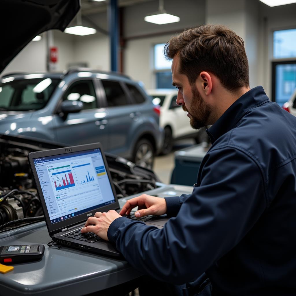 Mechanic Using Laptop Car Scanner Software