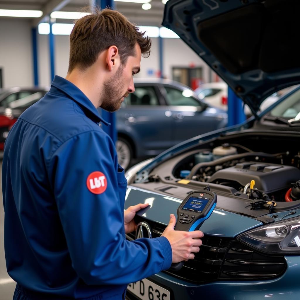 Mechanic Using a Launch Diagnostic Tool in a UK Garage