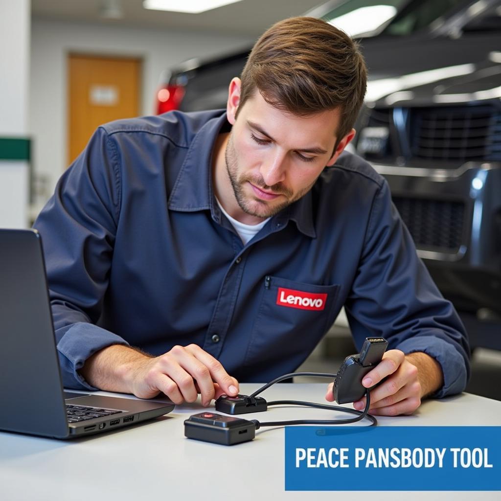 A mechanic utilizing the Lenovo Diagnostic Tool USB to diagnose a vehicle problem