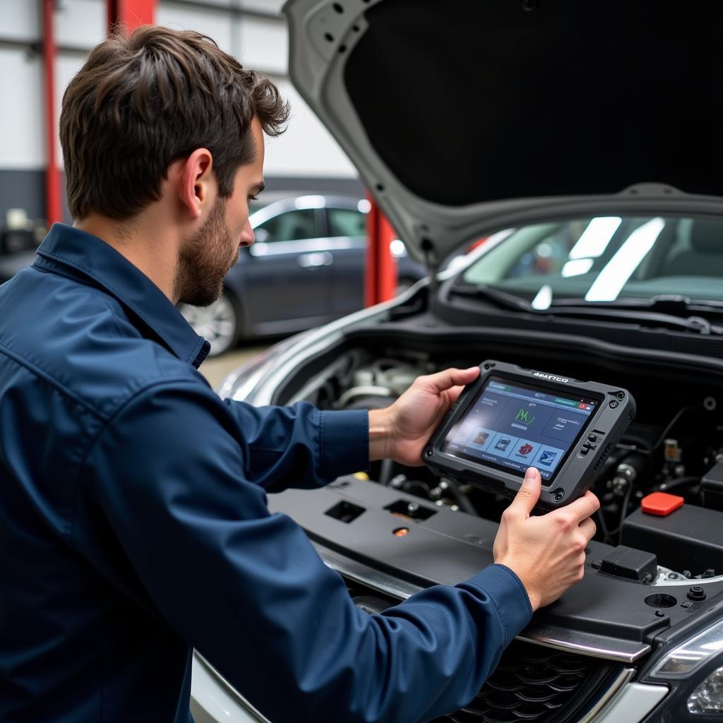 Mechanic Utilizing a Matco Scan Tool to Diagnose a Vehicle