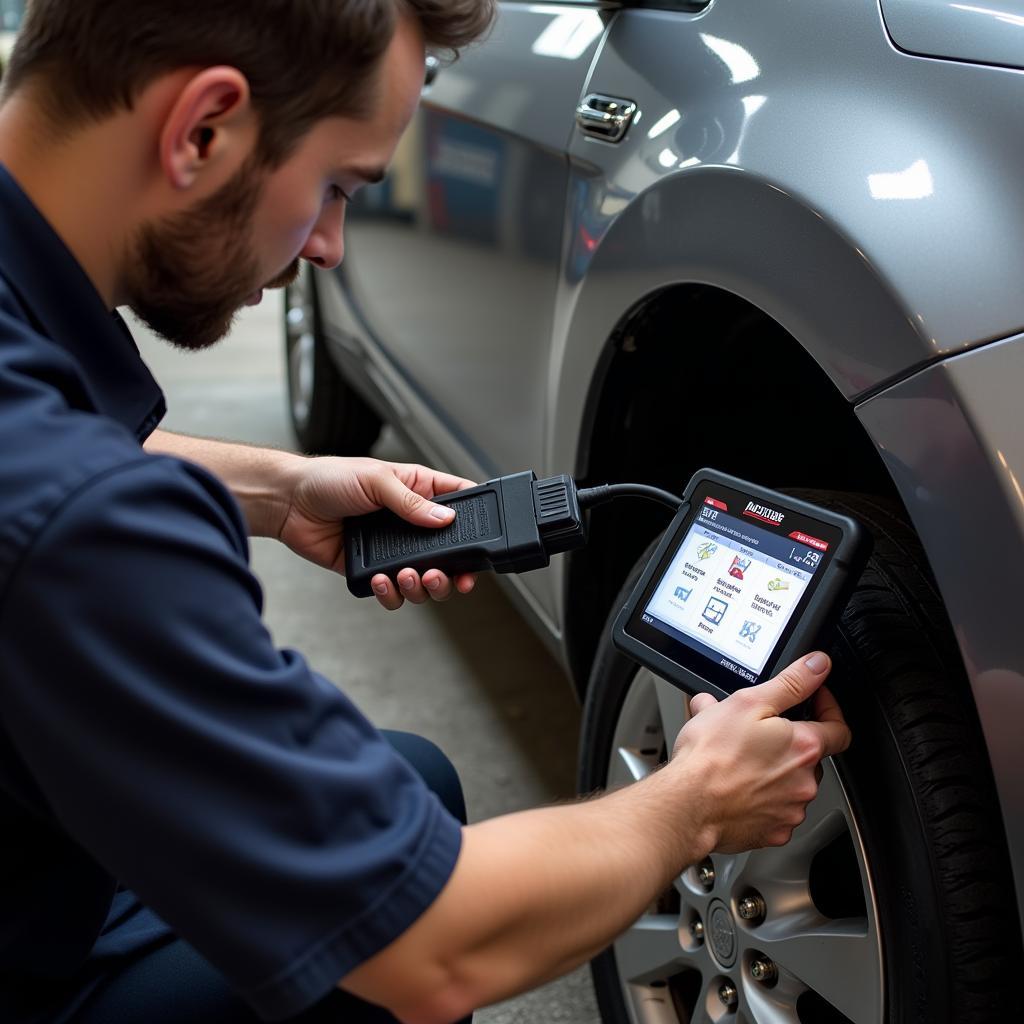 Mechanic using the Maximus 5.0 to diagnose a car problem