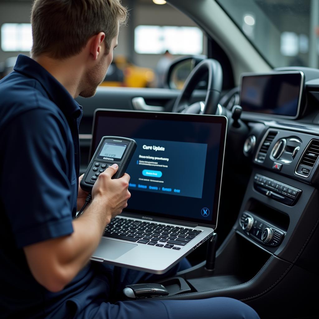 Mechanic Using Mercedes Diagnostic Tool for Software Update