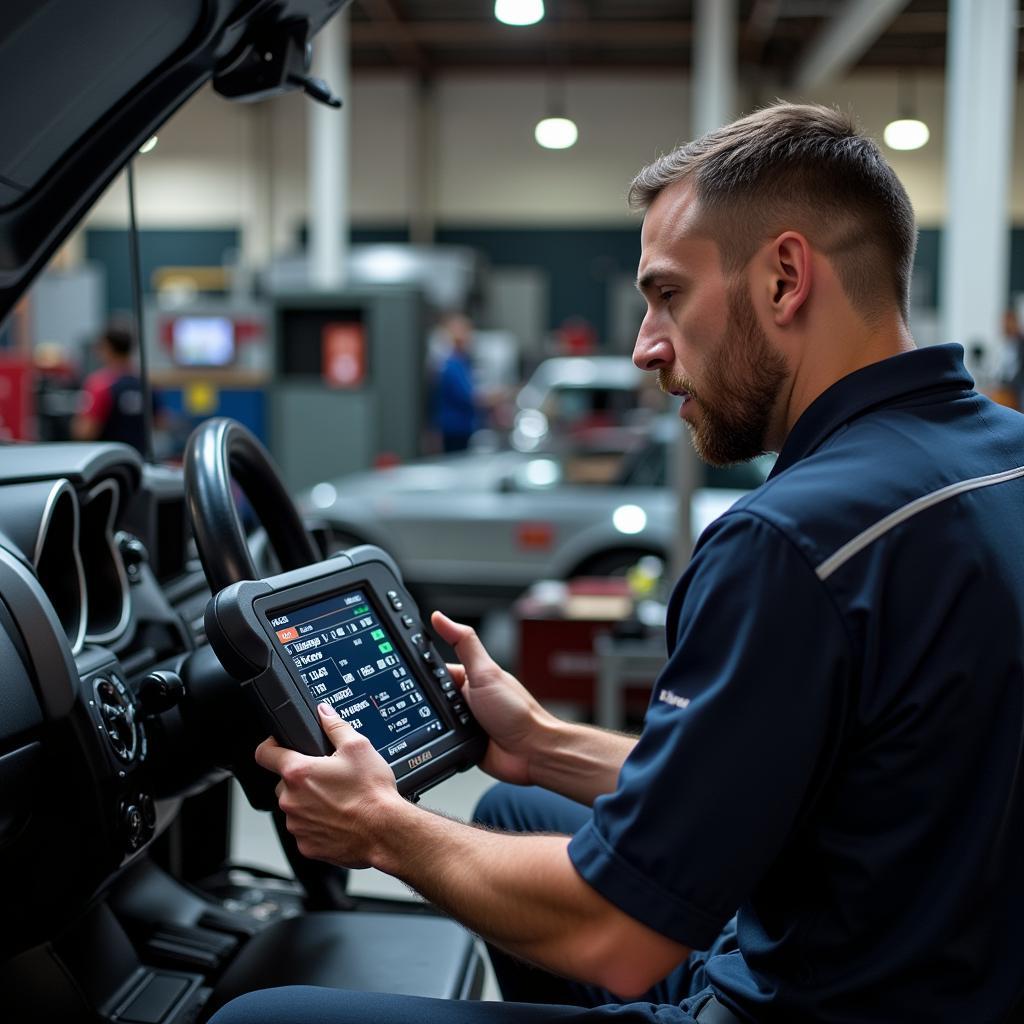 Mechanic Using MSI Diagnostic Tool in Workshop