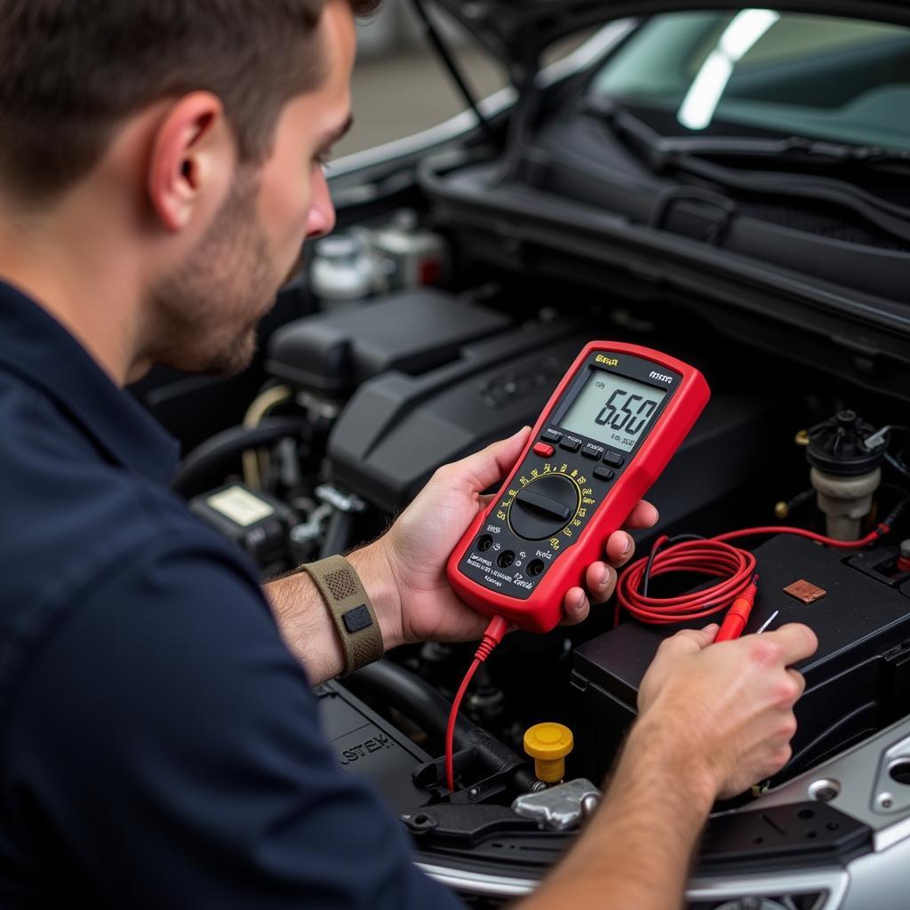 Mechanic Diagnosing Car with Multimeter