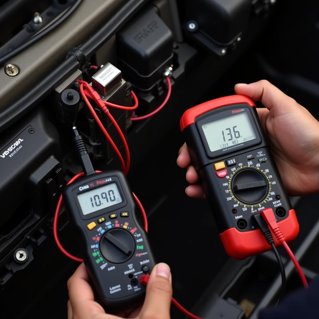 Mechanic Using Multimeter on Car