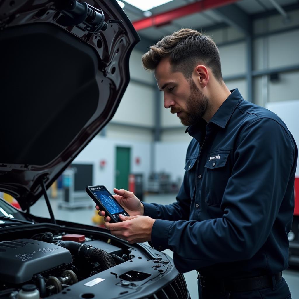 Mechanic Using Nanotech Diagnostic Tool