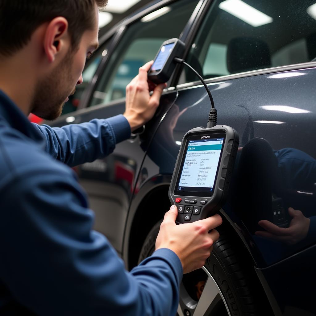 Mechanic Using OBD II Scanner on a Car