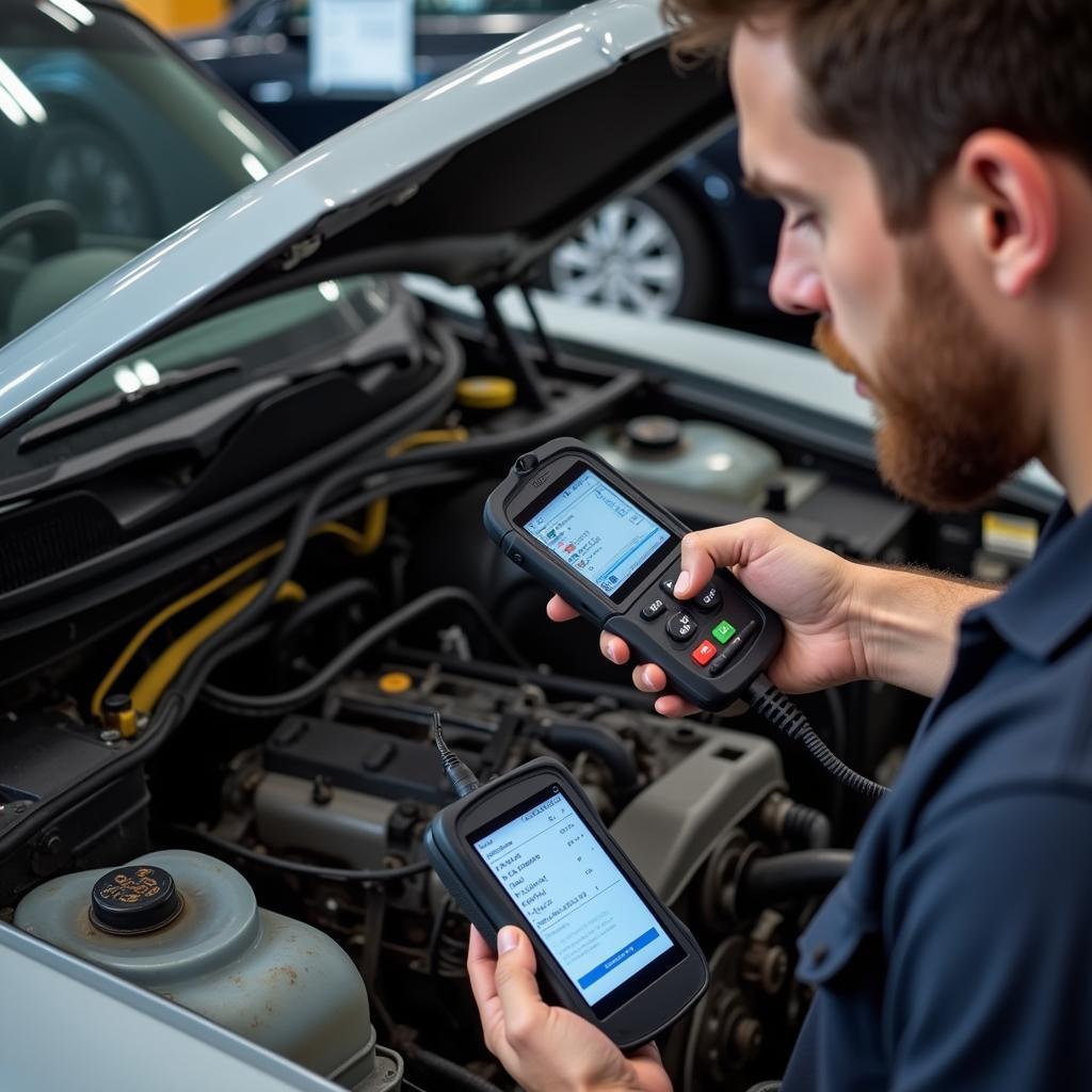 Mechanic Using OBD Scanner on an Older Car