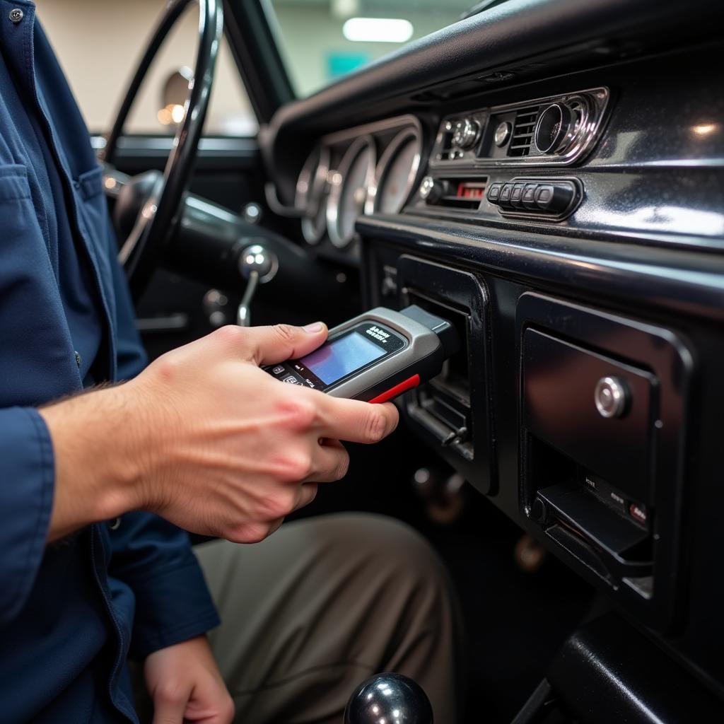 Mechanic Using OBD1 Scanner on Classic Car