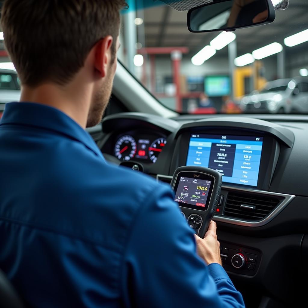 Mechanic using an OBD2 scan tool to diagnose a car