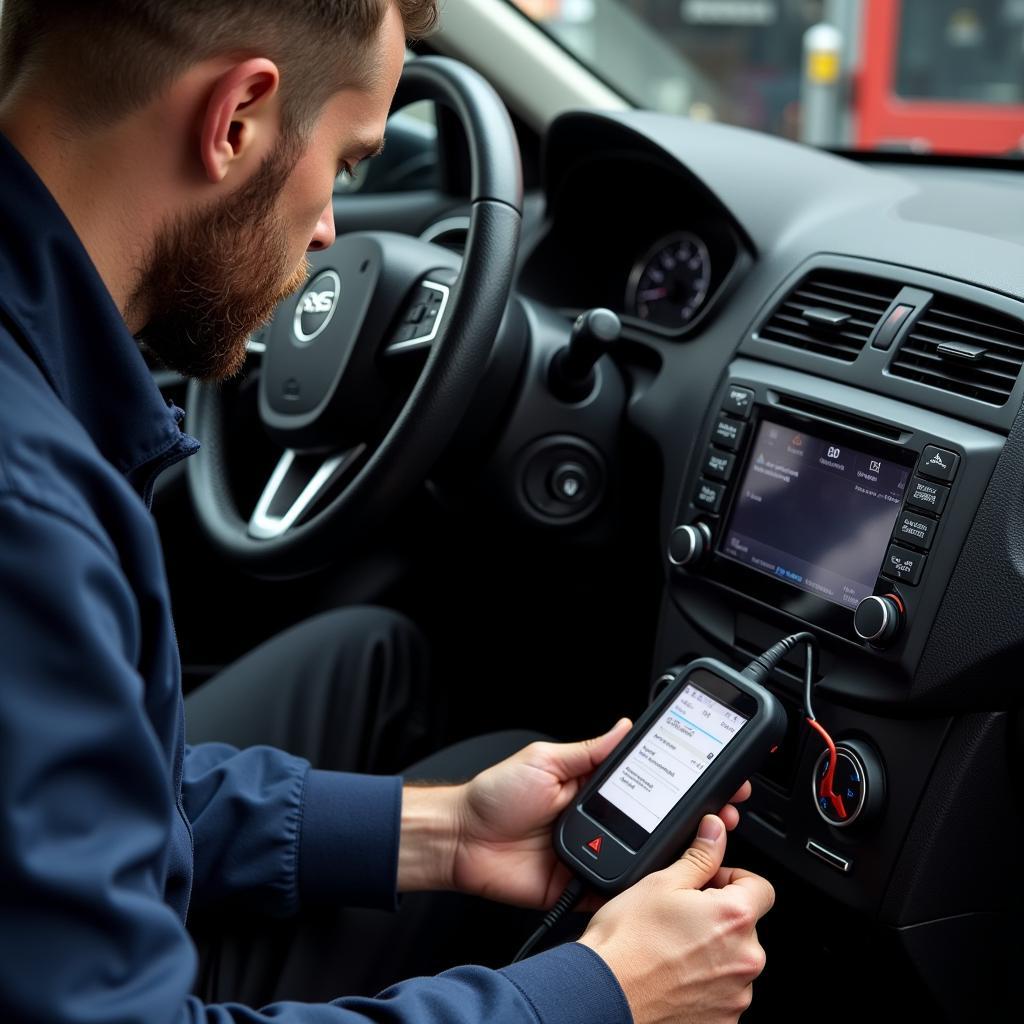 Mechanic Using an OBD-II Scanner on a Vehicle