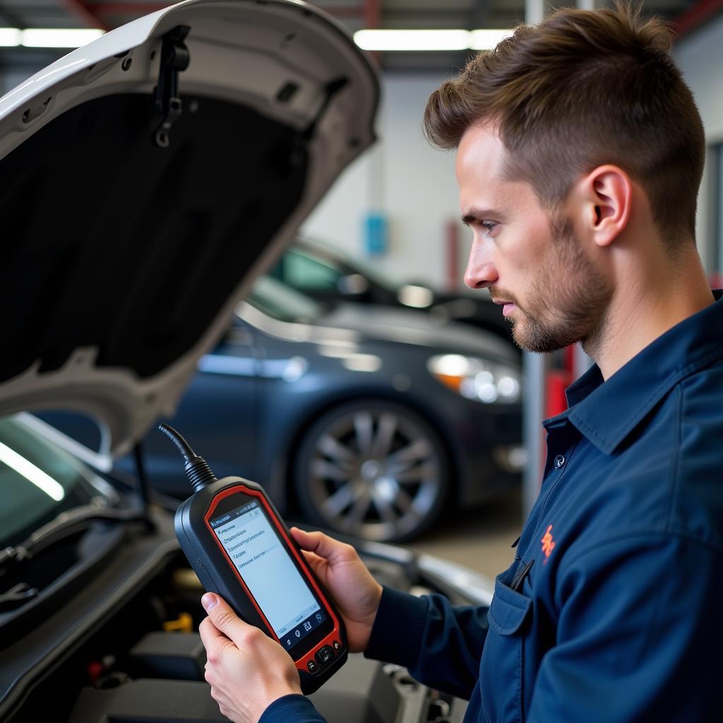 Mechanic Diagnosing Car with OBD2 Scanner