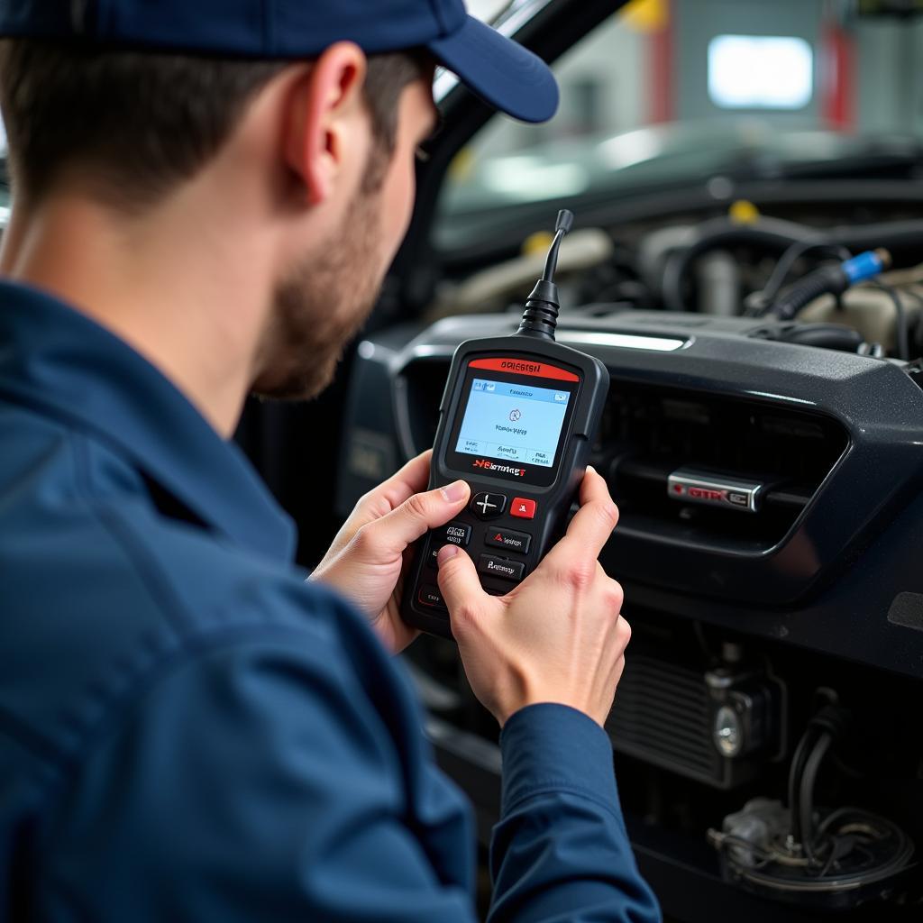 Mechanic Diagnosing Car Problem with OBD2 Scanner