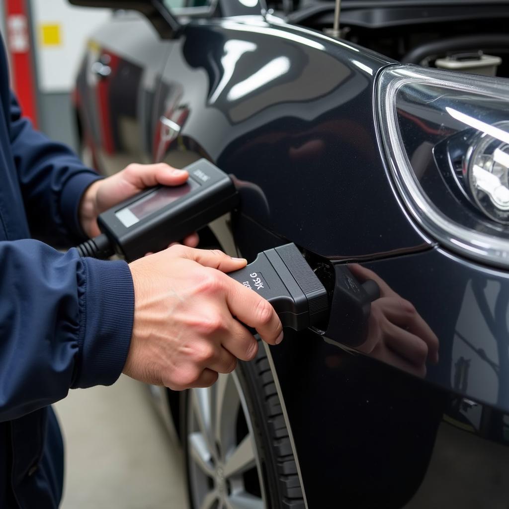 Mechanic Using OBD2 Scanner on Car