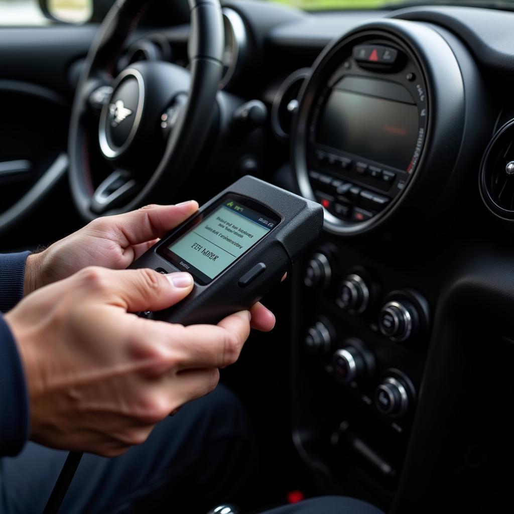 Mechanic using OBD2 Scanner on Mini Cooper