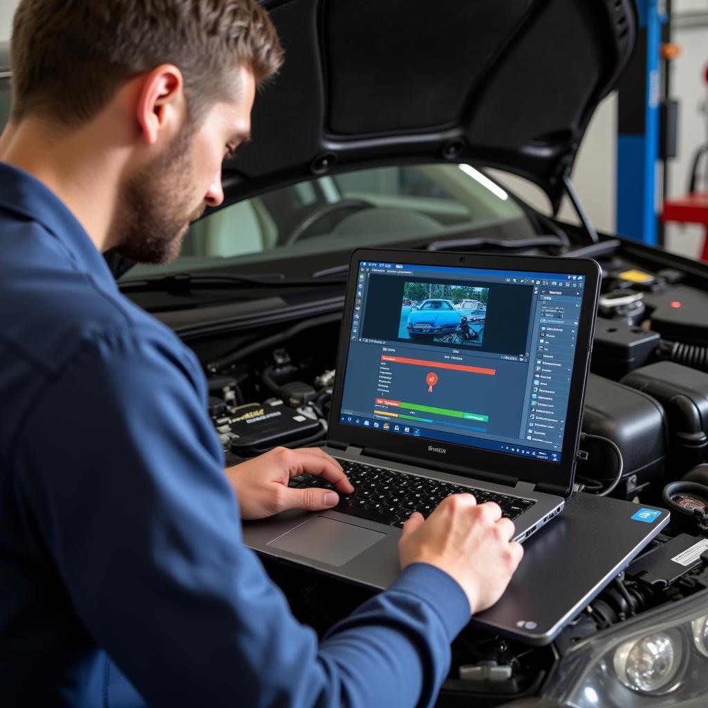 Mechanic using OBDLink SX to diagnose a car in a garage