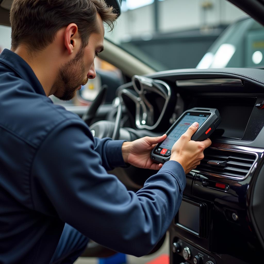 Mechanic Using O'Reilly Diagnostic Tool