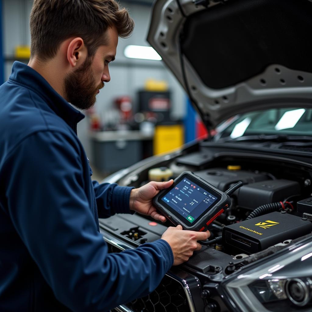 Mechanic Using OxGord Scanner to Diagnose Car Problems