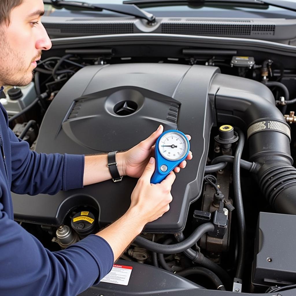 Mechanic Using Pressure Tester on Car Cooling System