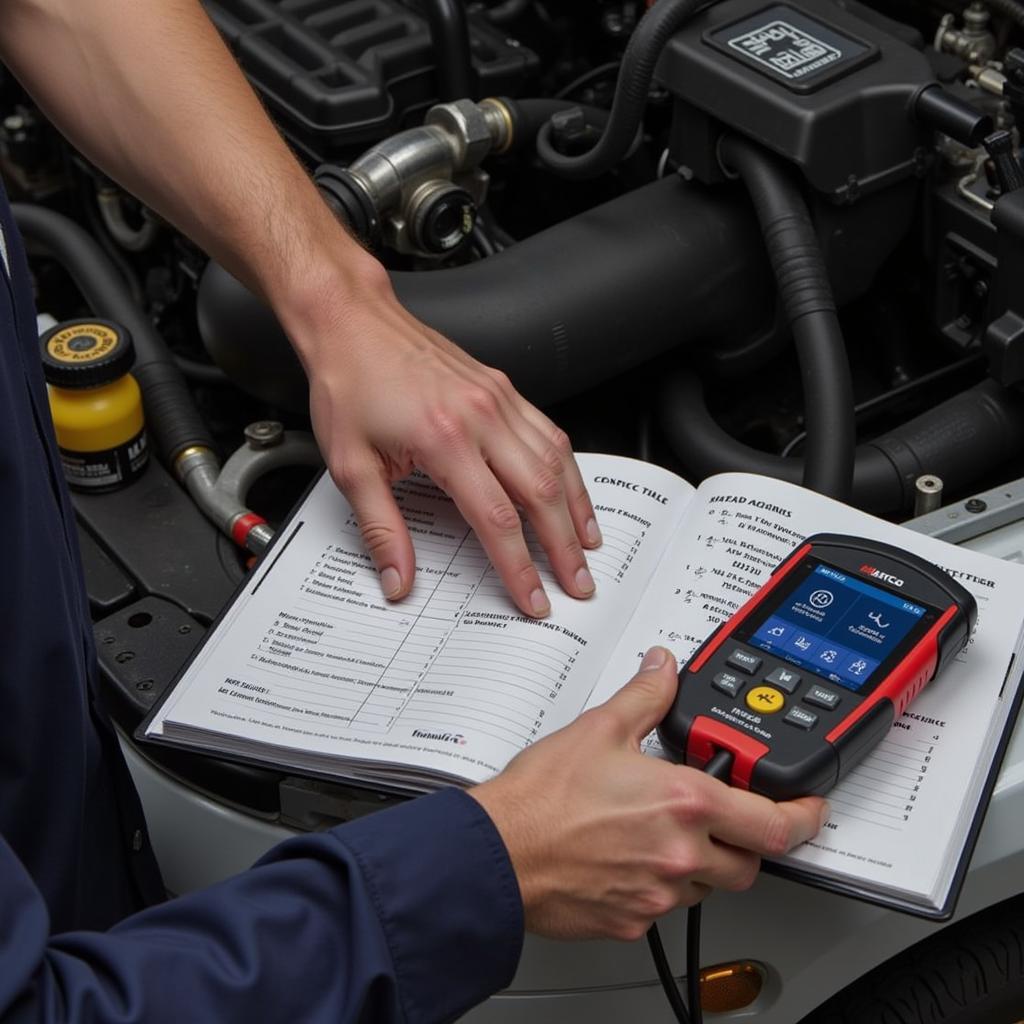 Mechanic using Matco Tools Pro-Scan Plus with code manual