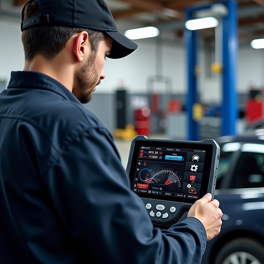 Professional mechanic using a high-end car diagnostic tool