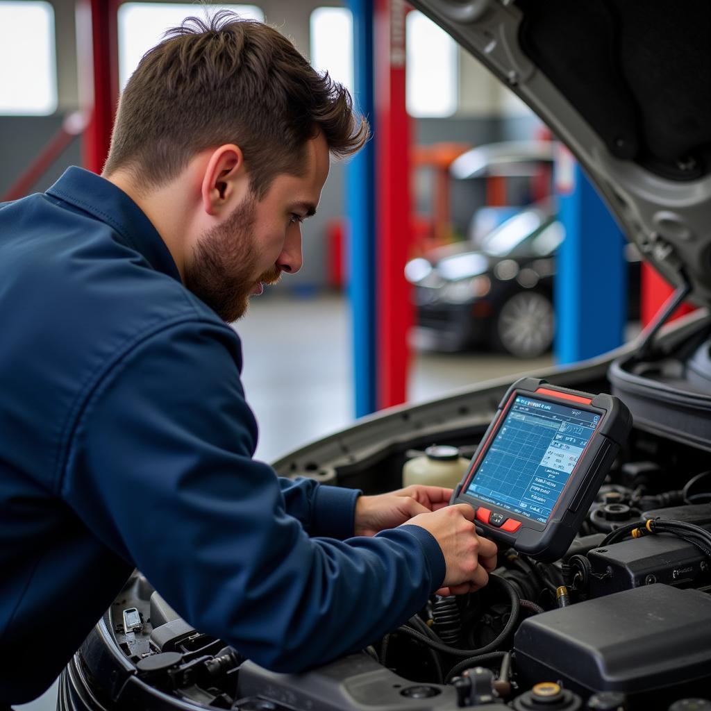 Mechanic using a Professional OBD2 Scanner in a Garage