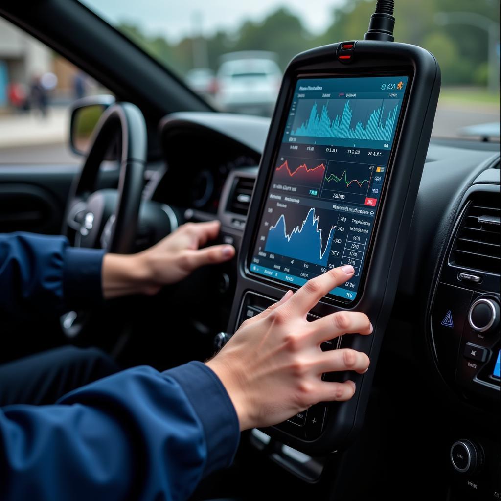 Mechanic using a professional scan tool to diagnose car problems