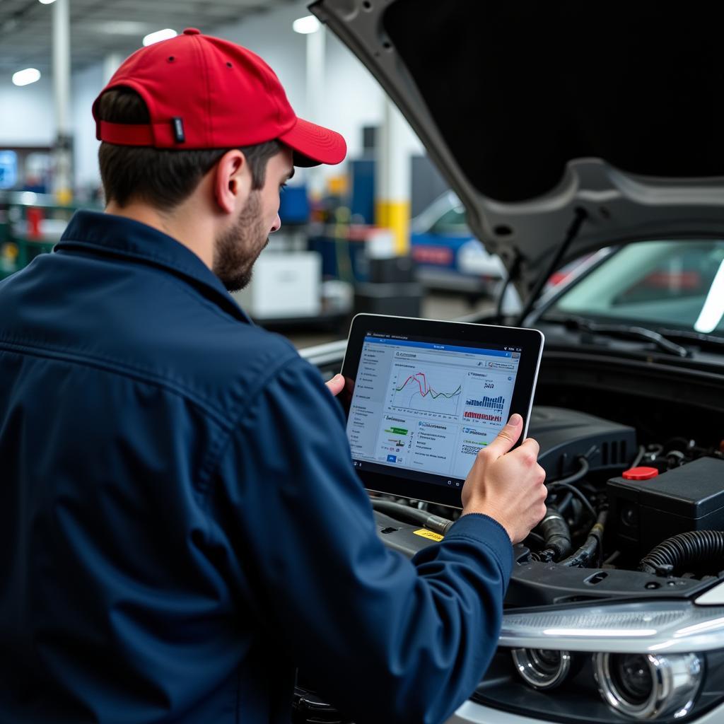 Mechanic Using Python-Based Diagnostic Software on Tablet