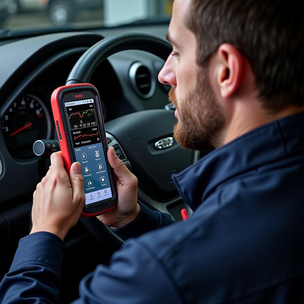 Mechanic using a RAID diagnostic tool to analyze car data