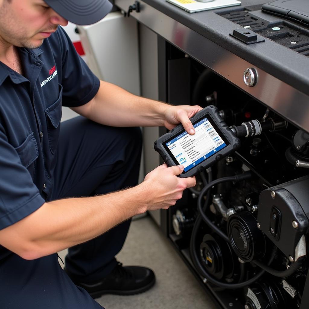 Mechanic using Rinda Technologies scanner on a boat engine