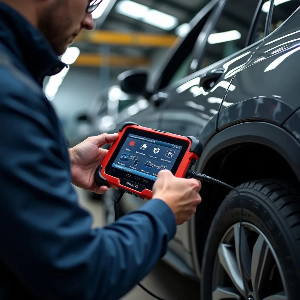 Mechanic using a professional-grade scan tool on a vehicle